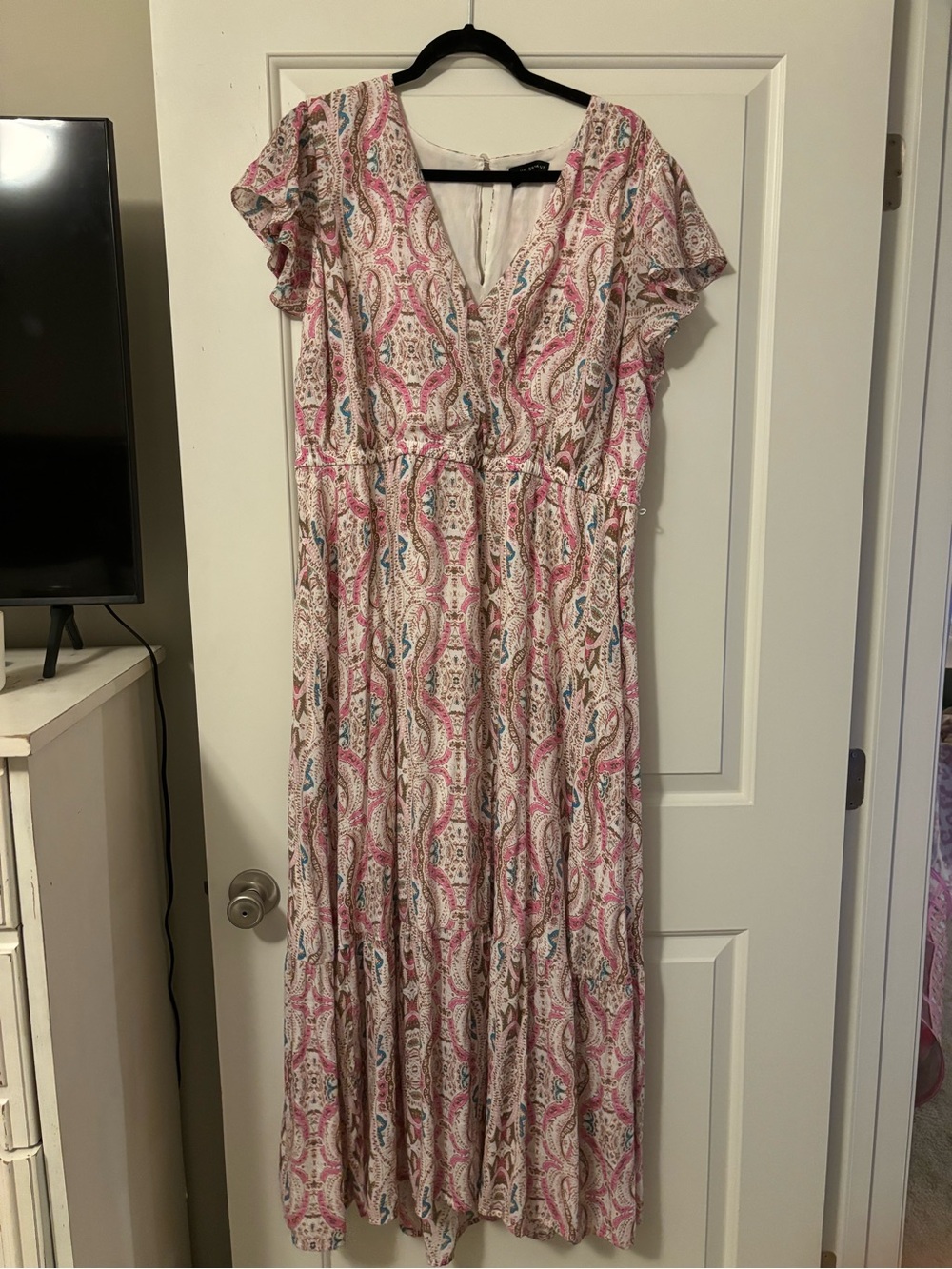 Lane Bryant Pink Paisley V-Neck Maxi Dress with Blue Accents